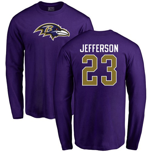 Men Baltimore Ravens Purple Tony Jefferson Name and Number Logo NFL Football #23 Long Sleeve T Shirt